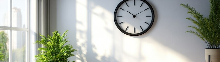 Sticker - A serene indoor scene featuring a wall clock and potted plants, illuminated by natural light.