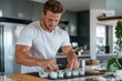© Milos - A muscular man in a white shirt focuses intently on assembling sushi rolls, with precision, in a contemporary kitchen, showcasing culinary skills and craftsmanship.