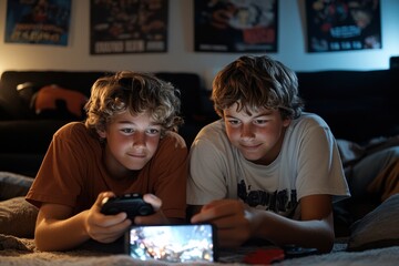 Two boys, intently focused, play video games side by side on a smartphone, emphasizing shared experiences, concentration, and the joy of gaming.