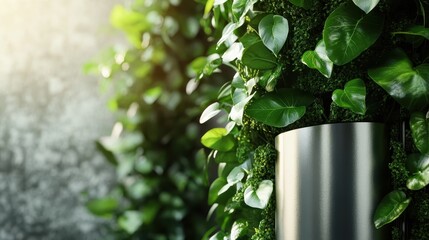 A vibrant vertical garden features lush green foliage cascading elegantly from a sleek stainless steel pot, exuding vitality and modern eco-friendly design aesthetics.