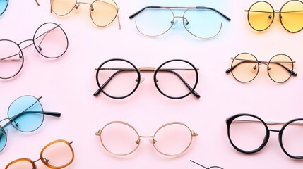 Poster - A colorful assortment of eyeglasses displayed on a pink background.