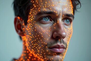 digital image of man futuristic orange and gold-patterned mask connection dot line and The background is a soft gradient of light grey