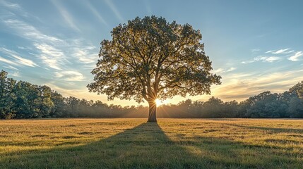 Canvas Print - Lone majestic tree silhouetted by sunset in a serene open field.