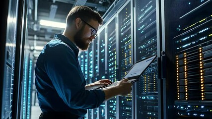a technician inspects a server rack, using a laptop to monitor or configure data systems in a high-t