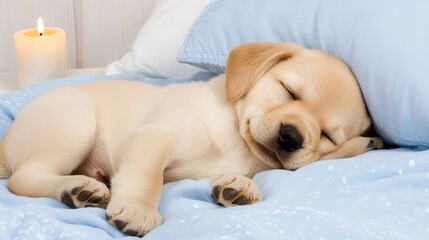 A sweet brown Labrador puppy rests peacefully on a blue blanket in the inviting interior of a travel trailer during summer