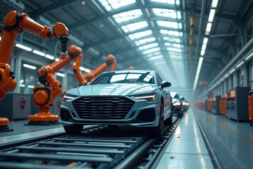 car with a futuristic design in modern industrial assembly line The background features robotic arms and a spacious well lit factory environment