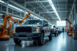 © Flash - modern factory with pickup truck cars on a production line under bright overhead lights with robotic arm