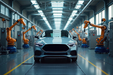 car with a futuristic design in modern industrial assembly line The background features robotic arms and a spacious well lit factory environment