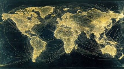 Wall Mural - global telecommunications visualized as a network of glowing lines and data streams connecting conti