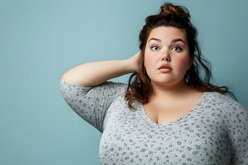 Portrait of Plus size adorable overweight woman isolated on background