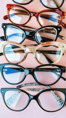 Poster - A collection of stylish eyeglasses arranged on a pink background.