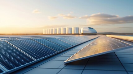 Solar panels on a rooftop under a bright sky, renewable energy concept.