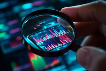 Close-up of a hand using a magnifying glass to analyze stock market data on a smartphone screen, with vibrant graphs and charts in the background.