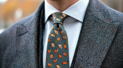 A close-up of a man’s stylish suit featuring a patterned tie, showcasing a blend of sophistication and fashion.