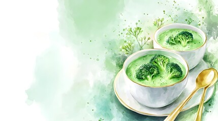 Watercolor Illustration of Broccoli Cream Soup in White Bowls