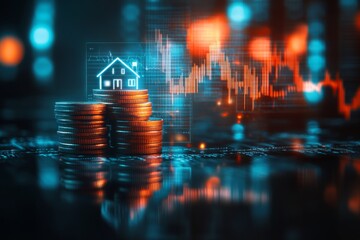 Fototapete - Digital real estate investment: Stacked coins with a house icon and fluctuating market graphs, symbolizing financial growth in property markets.