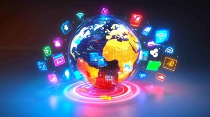 Wall Mural - a glowing 3d world globe surrounded by icons representing global communication technologies like sat