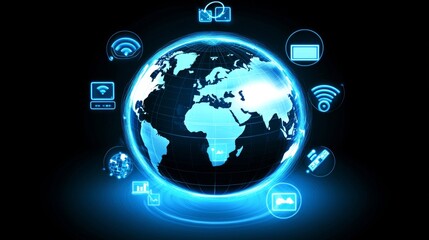 Wall Mural - a glowing 3d world globe surrounded by icons representing global communication technologies like sat