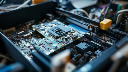Disassembly of electronic devices in a workshop, focusing on circuit boards and components during a tech recycling project
