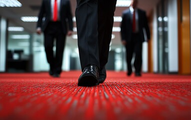 Business professionals walking in modern office corridor.