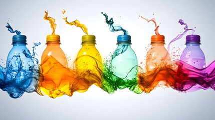 Colorful plastic bottles with vibrant splashes of liquid create dynamic visual