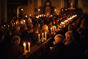 A Christmas Eve church service with candles held by the congregation casting a warm glow throughout the space.