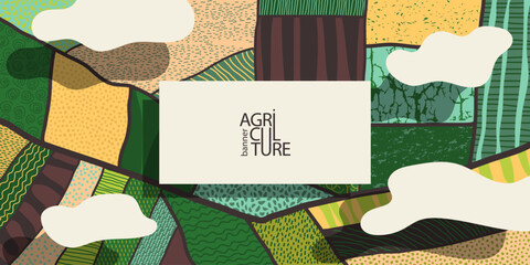Agriculture field pattern banner, aerial view. Countryside grassland, farm land from top. Agriculture farmland patches, padded mosaic country background, natural patchwork texture