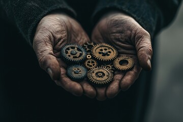 Fototapete - Business process management and workflow automation diagram with gears and icons on a background network of connection lines. A manager is touching the interface.