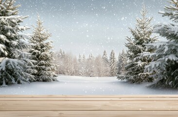 Poster - Scenic landscape of fir-trees strewn with snow on wooden flooring in a forest during christmas.