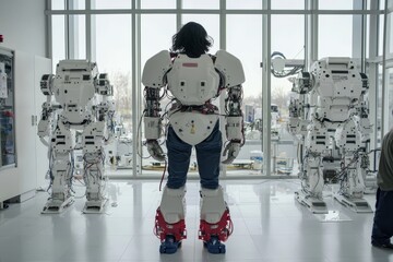 Aufkleber - Using a tablet to control a robotic arm, a man is operating an industry 4.0 automation line, which consists of sensors and robotic arms.