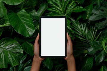 Poster - Image of a woman holding a black tablet computer in the park with a blank white desktop screen