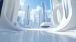 © starush - Futuristic cityscape with sleek white architecture and towering skyscrapers, AI