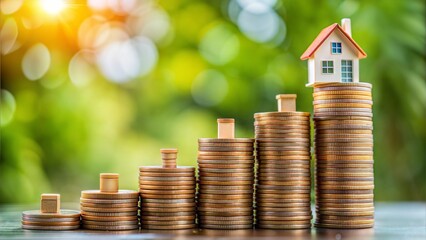 Mortgage loan or home equity loan, financial concept : Tiny model residential house perched atop coin stacks, depicting home loan or borrowing money to purchase a new home for first time homebuyer.