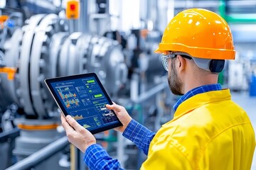 Aufkleber - Conceptual image of smart industry control. Hands holding tablet on blurred automation machine background