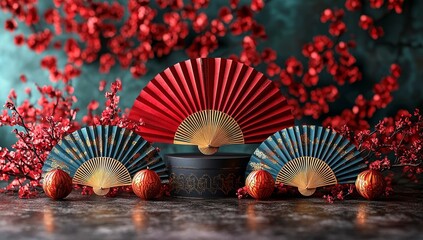 Leinwandbilder - Featured image is a mockup of an elegant golden podium display on a red abstract background, along with a hand-held paper fan. Making use of 3D rendering, it is designed for a simple product