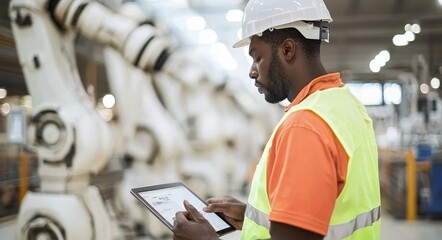 Aufkleber - Automation robot arm and manager-engineer connected to network by tablet with industry factory and factory automation robot arm by tablet. AI, stock.