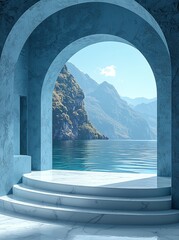 Poster - A 3D rendering of an Asian, Chinese, Japanese, or Korean product display background featuring the morning sun, watercolor glass screens and mountains shaped paper cutting props for food and beverage