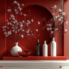 Leinwandbilder - Rendering of a monochrome red minimalist Chinese-style product display background. Can be used for Lunar New Year, Moon or Dragon Boot Festival events and products. Also used for Chinese, Korean, or