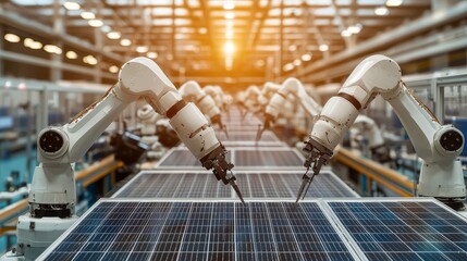 Aufkleber - Solar Panels are being assembled on conveyors in an automated manufacturing facility with a large production line with industrial robot arms.