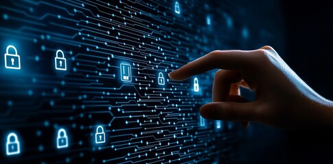 Fototapete - Data security and privacy protection through information technology. Password-protected document management system. Encrypted files on a computer or server. Finger touching the lock icon on an