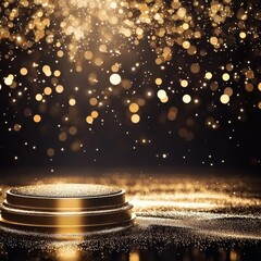 Aufkleber - The podium is gold and surrounded by smoke. The pedestal is empty and illuminated by spotlights. Developed with generative AI.