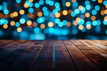 Aufkleber - The background is blurred abstract night lighting on an empty brown wooden floor or wood board table. There is a copy space for displaying a product or object.