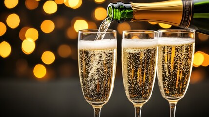 Champagne is poured from a bottle into stylish glasses, showcasing sparkling bubbles against a soft grey background, ideal for any celebration