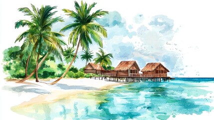 Poster - When summer comes around, there is a tropical resort on a tropical beach with trees and sea. This is an illustration style cartoon or anime watercolor painting.