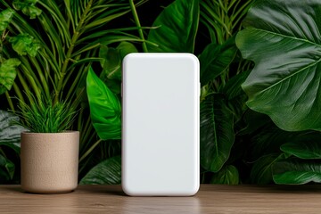 Poster - Blank smartphone screen on wooden table with green plant