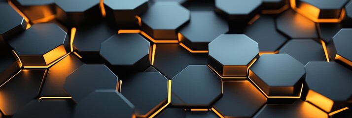 Aufkleber - Hexagonal 3D shape texture wall with gold, brown, gray, and black background. Abstract futuristic luxurious geometric technology hexagon background banner illustration 3d.