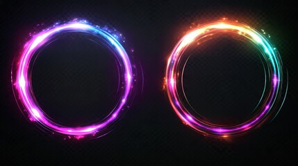 Aufkleber - Set of optical halo flares with neon light effects set. Ring lens with glitter 3D digital design. Radiant speed motion design. Magic energy vortex.