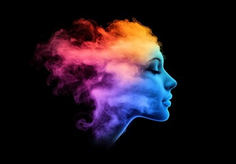 Aufkleber - The human head is covered in smoke, colored smoke, rainbow smoke spreads all around the head