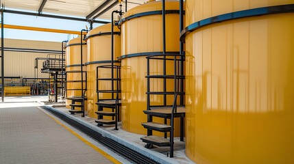 The image features multiple large yellow storage tanks with external ladders, set in an industrial environment under a covered structure.