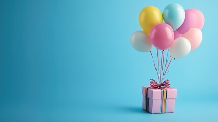 Colorful birthday balloons and a gift box placed flat creating a festive explosion of celebration